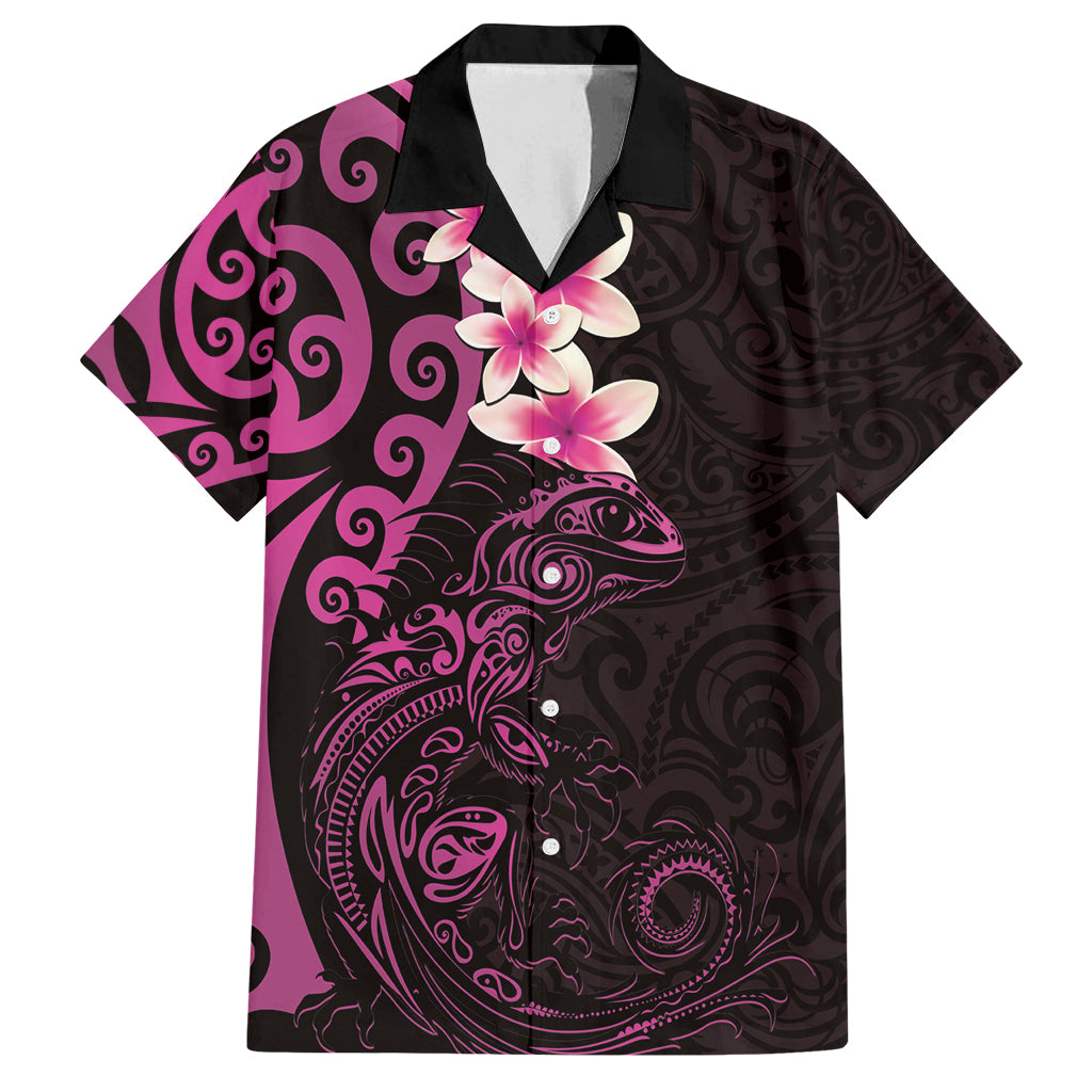 New Zealand Tuatara Plumeria Family Matching Off Shoulder Maxi Dress and Hawaiian Shirt Maori Pink Koru Tribal Tattoo LT01 Dad's Shirt - Short Sleeve Pink - Polynesian Pride
