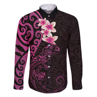 New Zealand Tuatara Plumeria Family Matching Off Shoulder Maxi Dress and Hawaiian Shirt Maori Pink Koru Tribal Tattoo LT01 Dad's Shirt - Long Sleeve Pink - Polynesian Pride