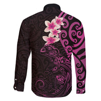 New Zealand Tuatara Plumeria Family Matching Off Shoulder Maxi Dress and Hawaiian Shirt Maori Pink Koru Tribal Tattoo LT01 - Polynesian Pride