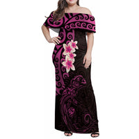 New Zealand Tuatara Plumeria Family Matching Off Shoulder Maxi Dress and Hawaiian Shirt Maori Pink Koru Tribal Tattoo LT01 Mom's Dress Pink - Polynesian Pride
