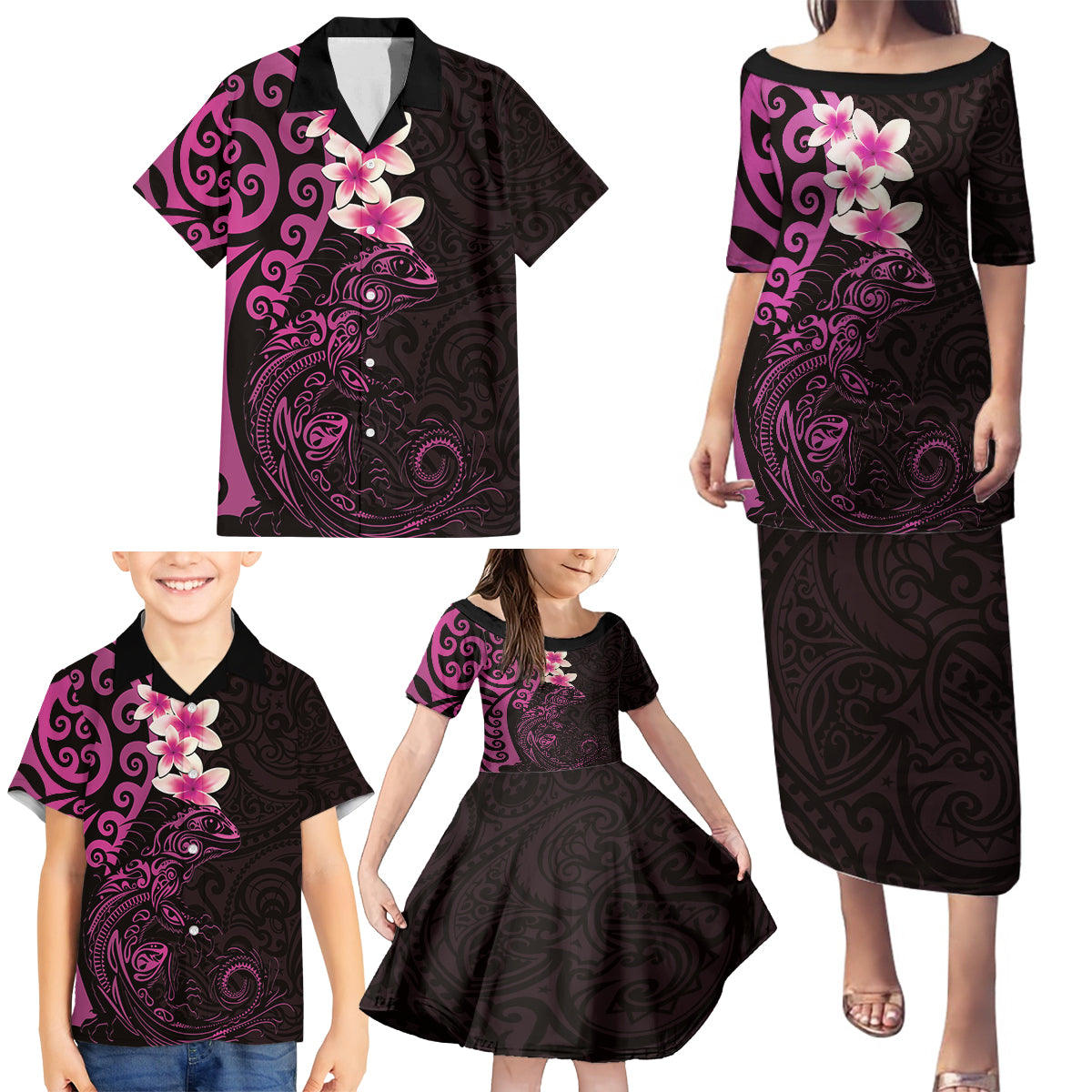 New Zealand Tuatara Plumeria Family Matching Puletasi and Hawaiian Shirt Maori Pink Koru Tribal Tattoo LT01 - Polynesian Pride