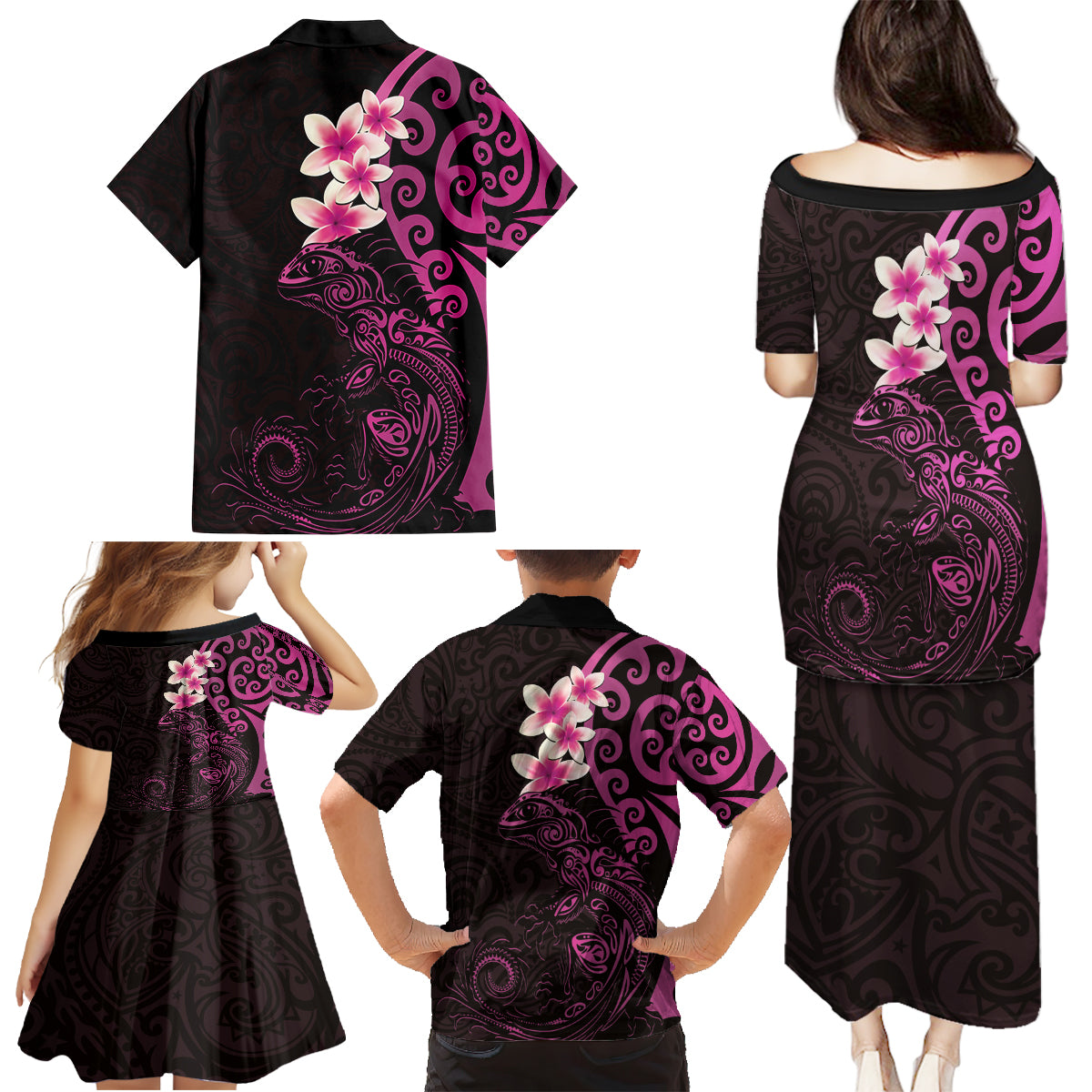 New Zealand Tuatara Plumeria Family Matching Puletasi and Hawaiian Shirt Maori Pink Koru Tribal Tattoo LT01 - Polynesian Pride