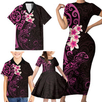 New Zealand Tuatara Plumeria Family Matching Short Sleeve Bodycon Dress and Hawaiian Shirt Maori Pink Koru Tribal Tattoo LT01 - Polynesian Pride