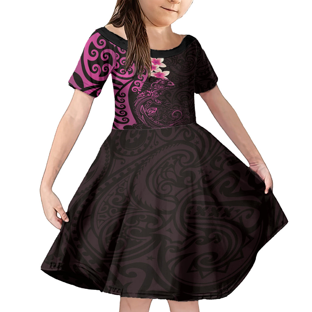 New Zealand Tuatara Plumeria Family Matching Summer Maxi Dress and Hawaiian Shirt Maori Pink Koru Tribal Tattoo LT01 Daughter's Dress Pink - Polynesian Pride