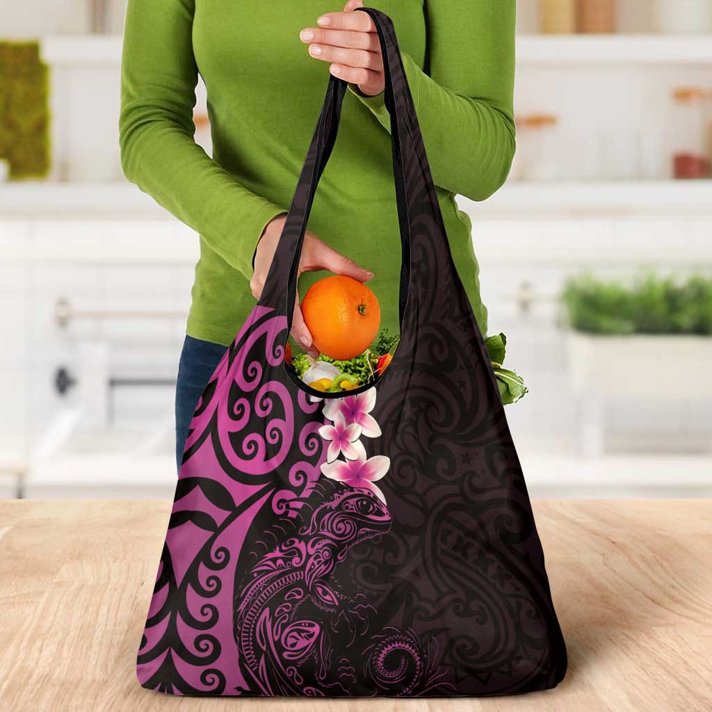 New Zealand Tuatara Plumeria Grocery Bag Maori Pink Koru Tribal Tattoo LT01 - Polynesian Pride