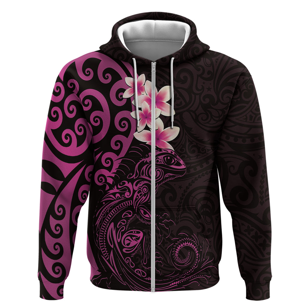 New Zealand Tuatara Plumeria Hoodie Maori Pink Koru Tribal Tattoo LT01 Zip Hoodie Pink - Polynesian Pride