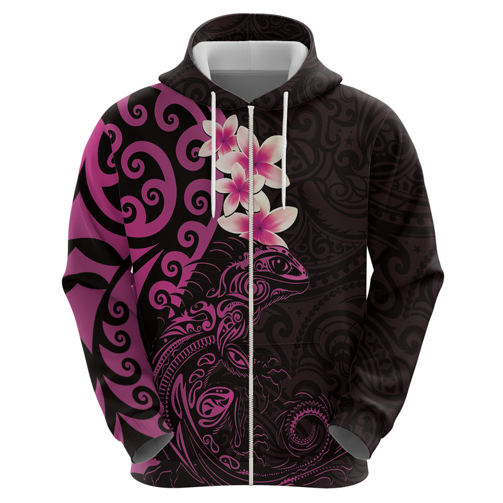 New Zealand Tuatara Plumeria Hoodie Maori Pink Koru Tribal Tattoo LT01 - Polynesian Pride