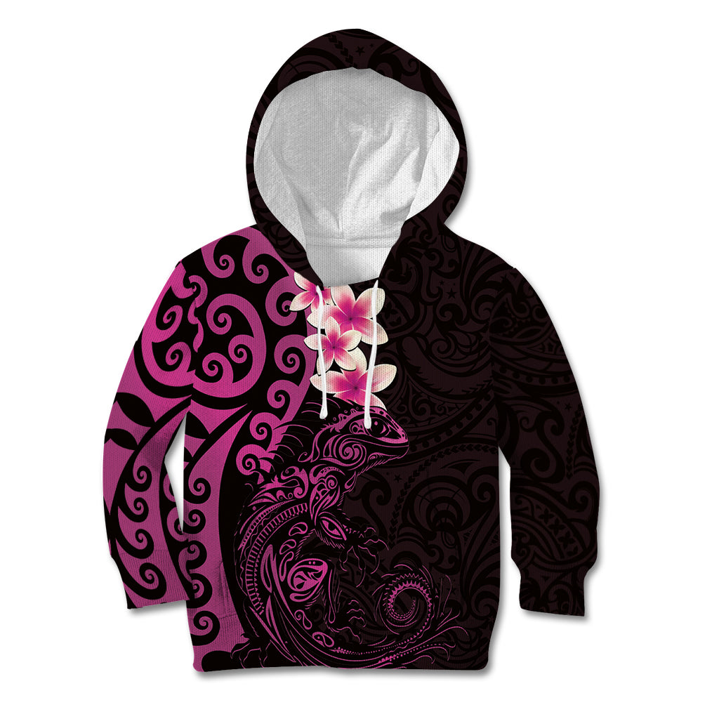 New Zealand Tuatara Plumeria Kid Hoodie Maori Pink Koru Tribal Tattoo LT01 Hoodie Pink - Polynesian Pride