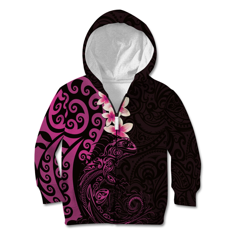 New Zealand Tuatara Plumeria Kid Hoodie Maori Pink Koru Tribal Tattoo LT01 Zip Hoodie Pink - Polynesian Pride