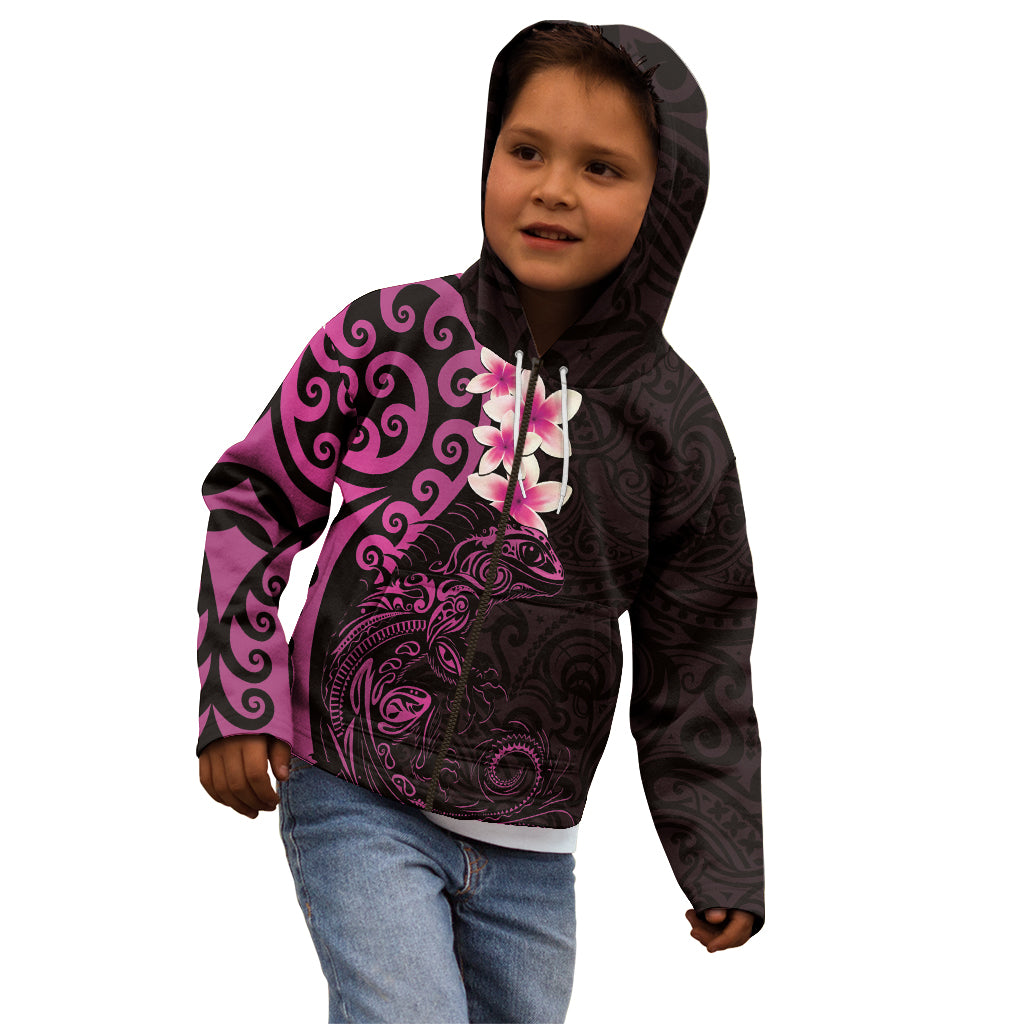 New Zealand Tuatara Plumeria Kid Hoodie Maori Pink Koru Tribal Tattoo LT01 - Polynesian Pride