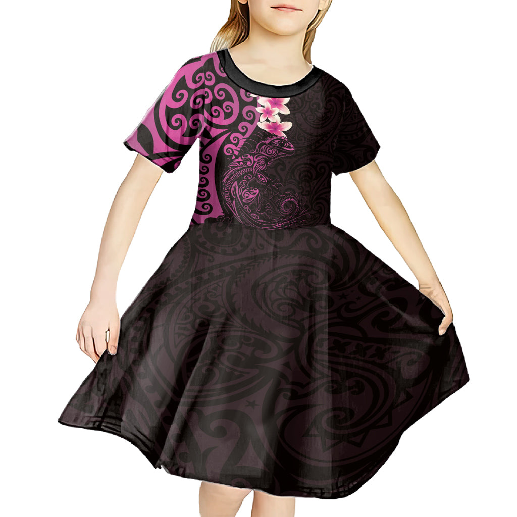 New Zealand Tuatara Plumeria Kid Short Sleeve Dress Maori Pink Koru Tribal Tattoo LT01 - Polynesian Pride