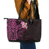 New Zealand Tuatara Plumeria Leather Tote Bag Maori Pink Koru Tribal Tattoo LT01 - Polynesian Pride