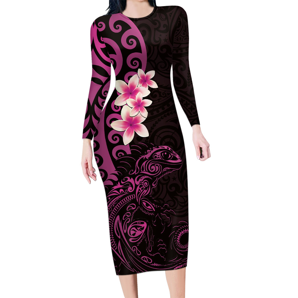 New Zealand Tuatara Plumeria Long Sleeve Bodycon Dress Maori Pink Koru Tribal Tattoo LT01 Long Dress Pink - Polynesian Pride