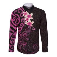 New Zealand Tuatara Plumeria Long Sleeve Button Shirt Maori Pink Koru Tribal Tattoo LT01 Unisex Pink - Polynesian Pride