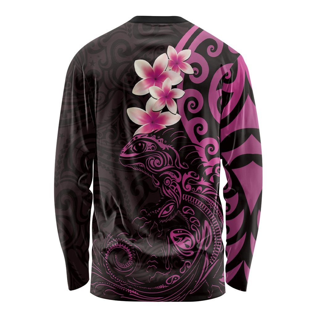 New Zealand Tuatara Plumeria Long Sleeve Shirt Maori Pink Koru Tribal Tattoo LT01 - Polynesian Pride