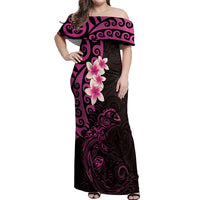 New Zealand Tuatara Plumeria Off Shoulder Maxi Dress Maori Pink Koru Tribal Tattoo LT01 Women Pink - Polynesian Pride