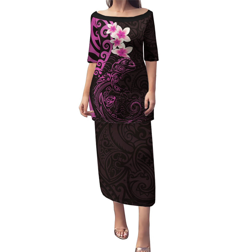 New Zealand Tuatara Plumeria Puletasi Maori Pink Koru Tribal Tattoo LT01 Long Dress Pink - Polynesian Pride