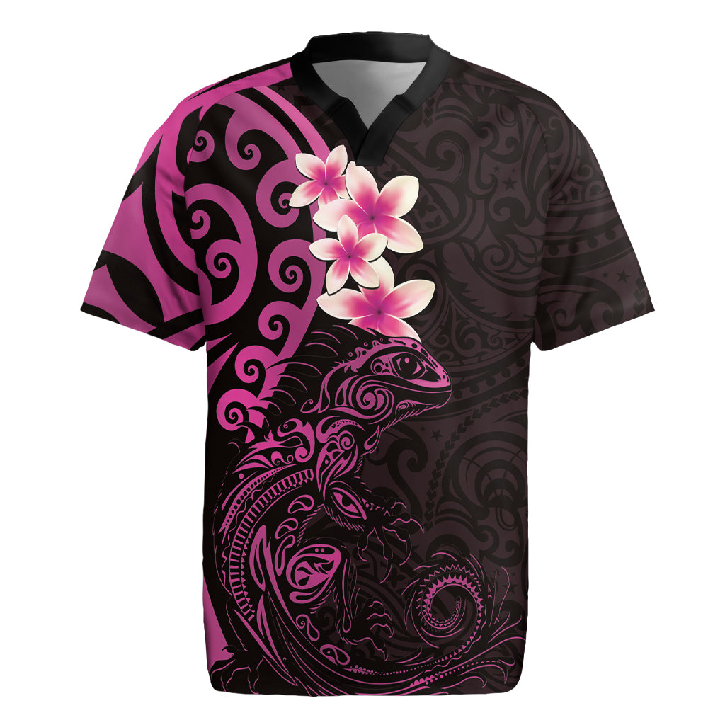 New Zealand Tuatara Plumeria Rugby Jersey Maori Pink Koru Tribal Tattoo LT01 Pink - Polynesian Pride