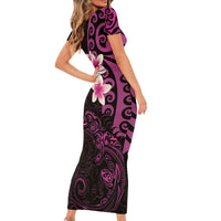 New Zealand Tuatara Plumeria Short Sleeve Bodycon Dress Maori Pink Koru Tribal Tattoo LT01 - Polynesian Pride