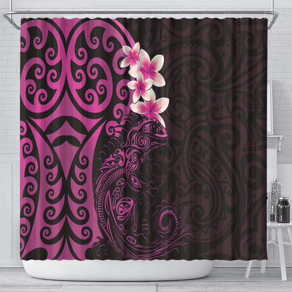 New Zealand Tuatara Plumeria Shower Curtain Maori Pink Koru Tribal Tattoo LT01 - Polynesian Pride