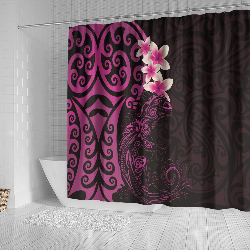 New Zealand Tuatara Plumeria Shower Curtain Maori Pink Koru Tribal Tattoo LT01 - Polynesian Pride