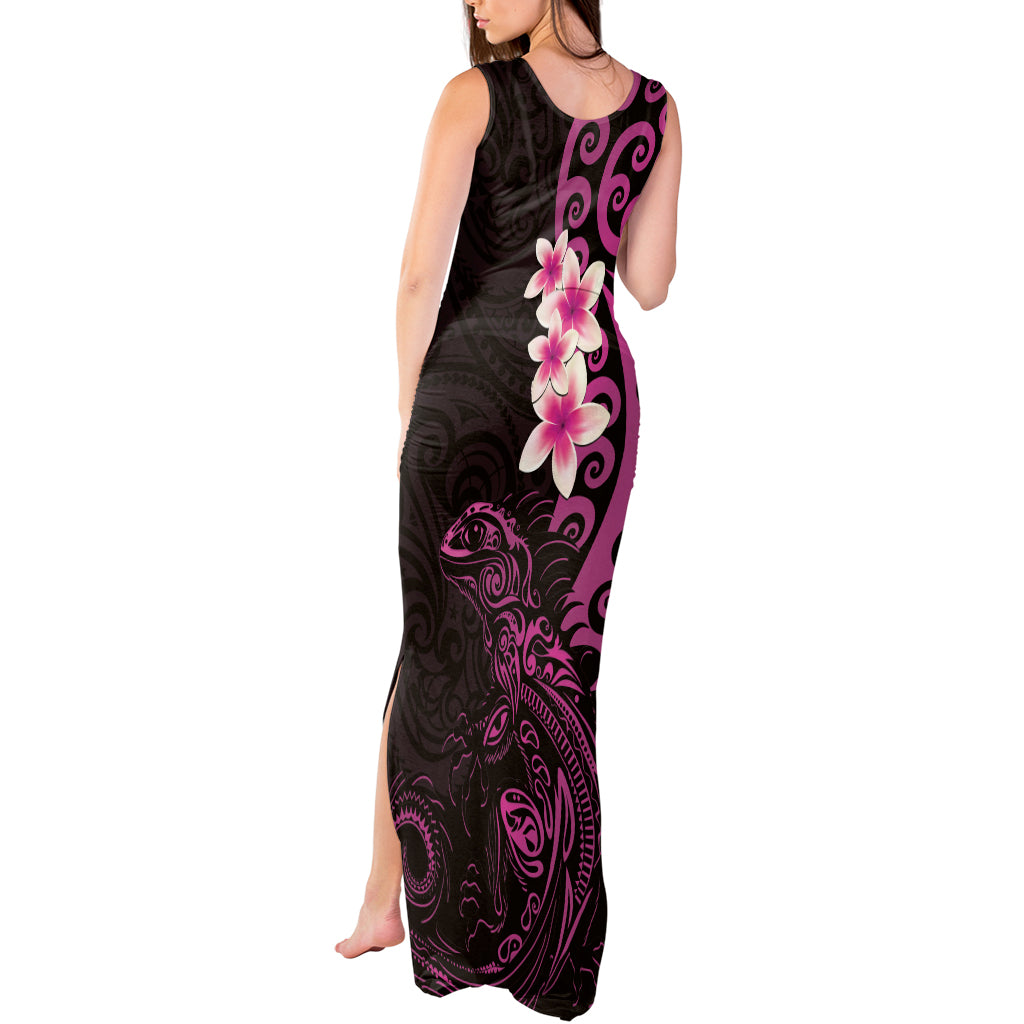 New Zealand Tuatara Plumeria Tank Maxi Dress Maori Pink Koru Tribal Tattoo LT01 - Polynesian Pride