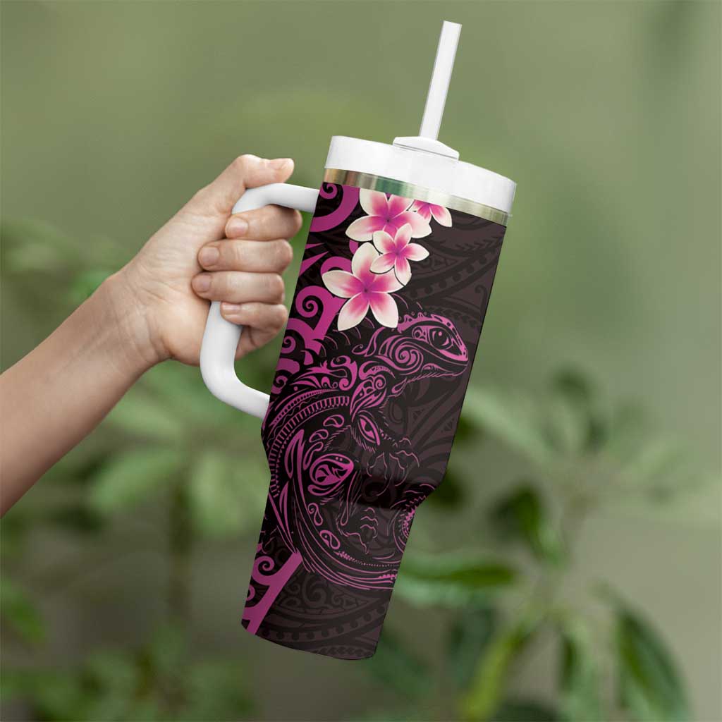 New Zealand Tuatara Plumeria Tumbler With Handle Maori Pink Koru Tribal Tattoo LT01 - Polynesian Pride