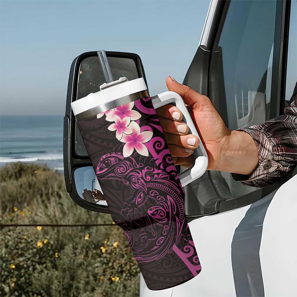 New Zealand Tuatara Plumeria Tumbler With Handle Maori Pink Koru Tribal Tattoo LT01 - Polynesian Pride