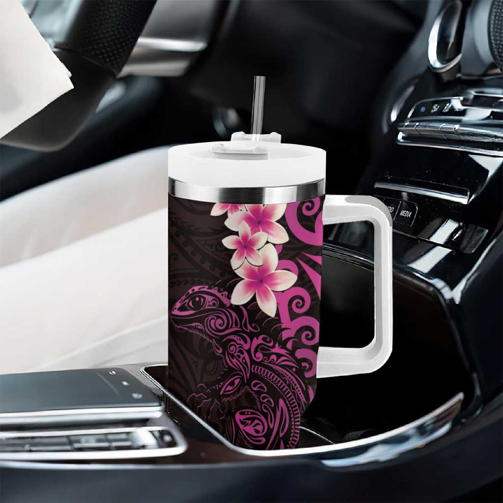 New Zealand Tuatara Plumeria Tumbler With Handle Maori Pink Koru Tribal Tattoo LT01 - Polynesian Pride
