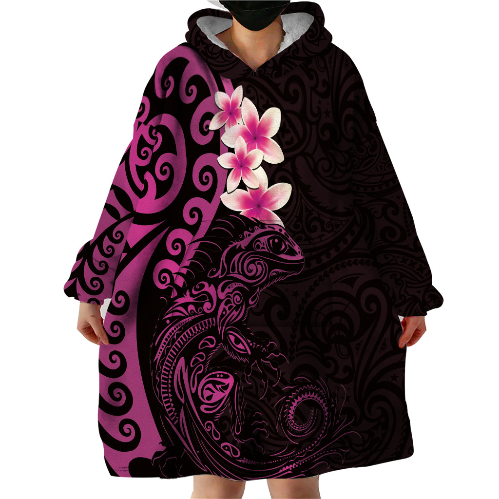 New Zealand Tuatara Plumeria Wearable Blanket Hoodie Maori Pink Koru Tribal Tattoo LT01 - Polynesian Pride