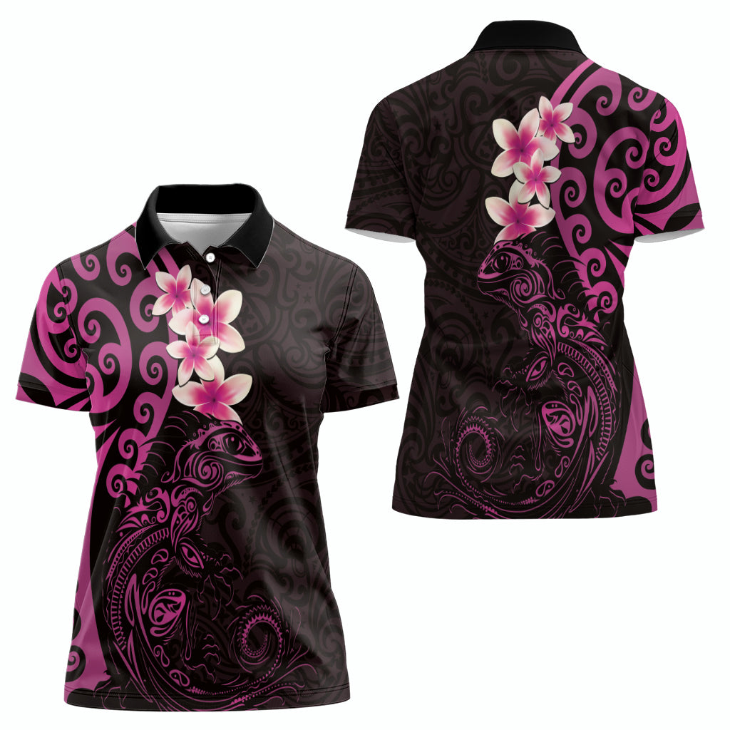 New Zealand Tuatara Plumeria Women Polo Shirt Maori Pink Koru Tribal Tattoo