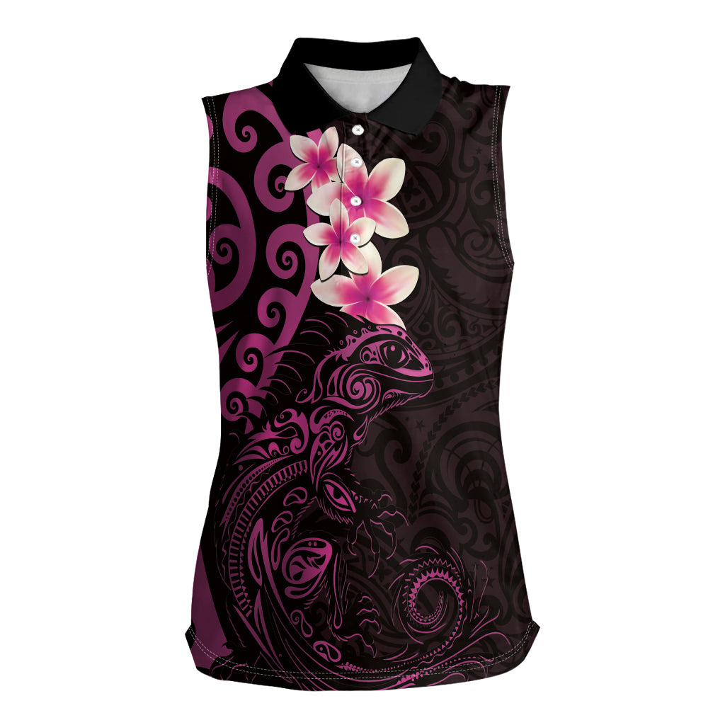 New Zealand Tuatara Plumeria Women Sleeveless Polo Shirt Maori Pink Koru Tribal Tattoo