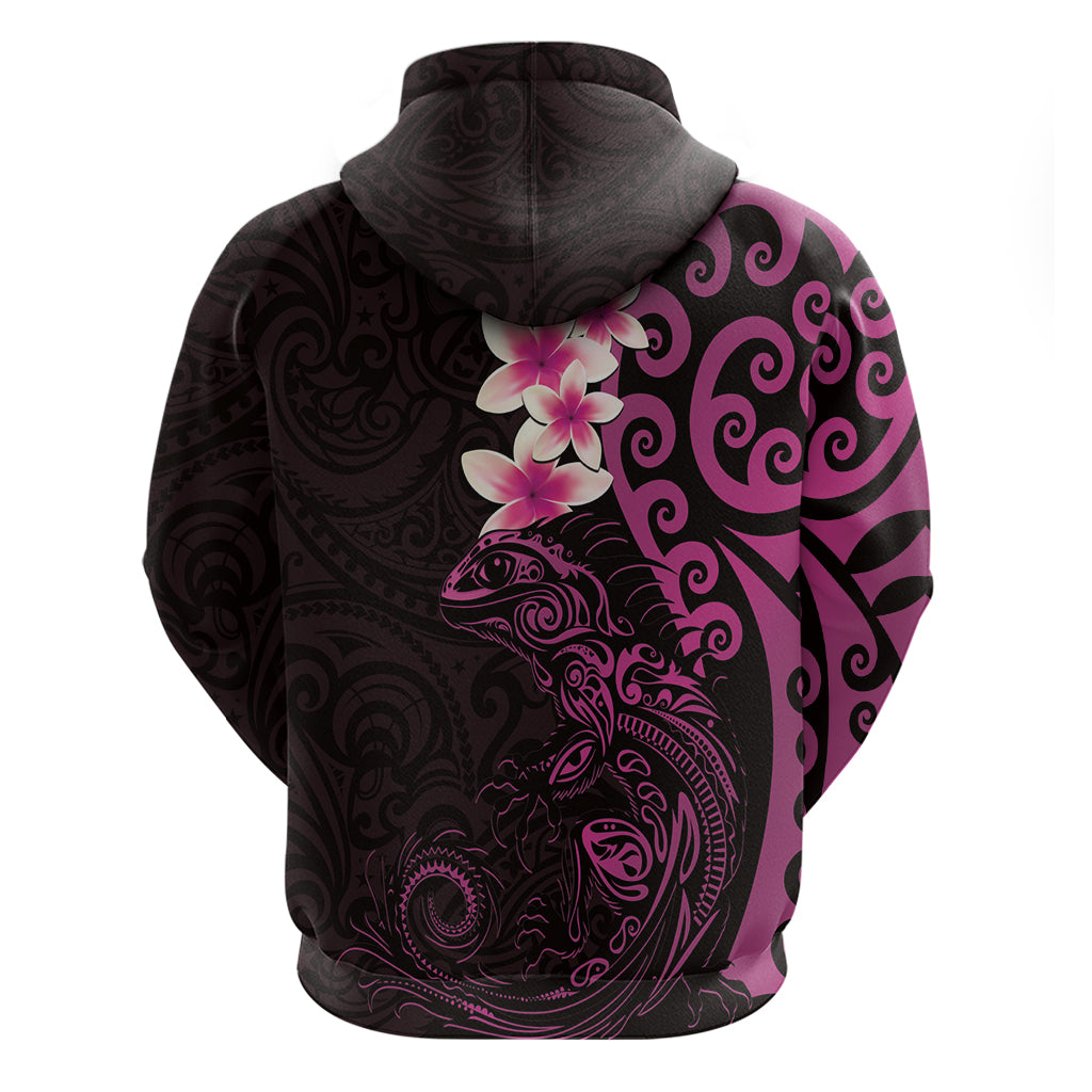 New Zealand Tuatara Plumeria Zip Hoodie Maori Pink Koru Tribal Tattoo LT01 - Polynesian Pride