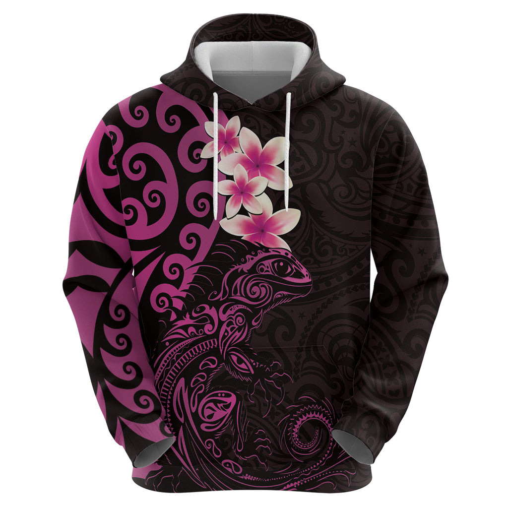 New Zealand Tuatara Plumeria Zip Hoodie Maori Pink Koru Tribal Tattoo LT01 - Polynesian Pride