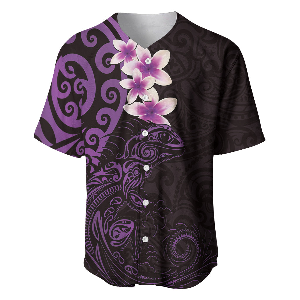 New Zealand Tuatara Plumeria Baseball Jersey Maori Purple Koru Tribal Tattoo LT01 Purple - Polynesian Pride