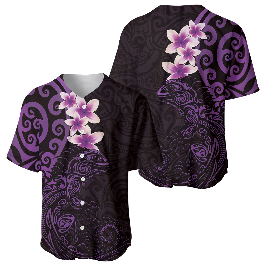 New Zealand Tuatara Plumeria Baseball Jersey Maori Purple Koru Tribal Tattoo LT01 - Polynesian Pride