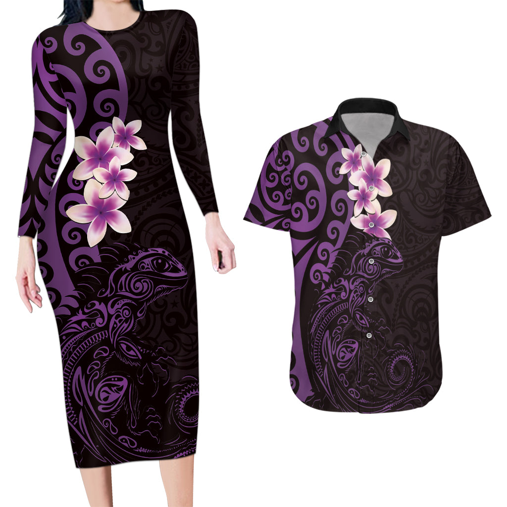 New Zealand Tuatara Plumeria Couples Matching Long Sleeve Bodycon Dress and Hawaiian Shirt Maori Purple Koru Tribal Tattoo LT01 Purple - Polynesian Pride