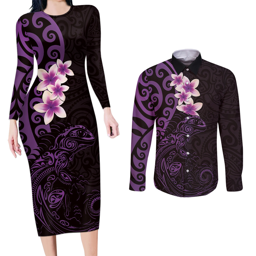 New Zealand Tuatara Plumeria Couples Matching Long Sleeve Bodycon Dress and Long Sleeve Button Shirt Maori Purple Koru Tribal Tattoo