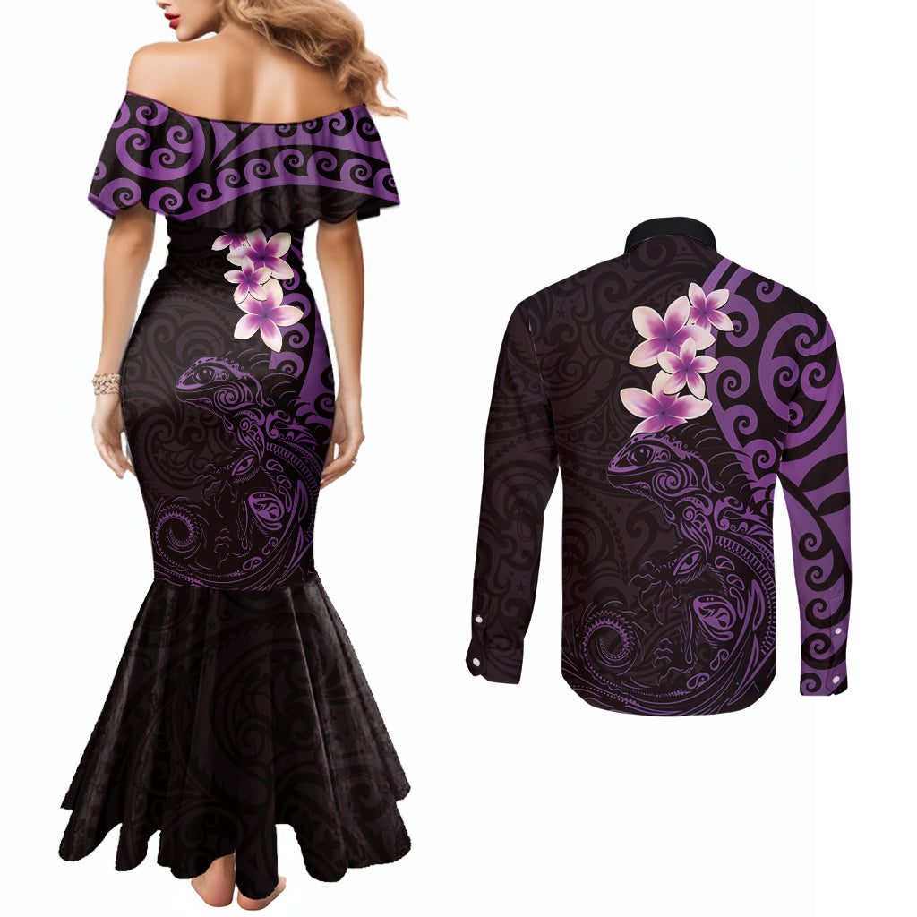 New Zealand Tuatara Plumeria Couples Matching Mermaid Dress and Long Sleeve Button Shirt Maori Purple Koru Tribal Tattoo LT01 - Polynesian Pride