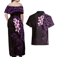 New Zealand Tuatara Plumeria Couples Matching Off Shoulder Maxi Dress and Hawaiian Shirt Maori Purple Koru Tribal Tattoo LT01 - Polynesian Pride