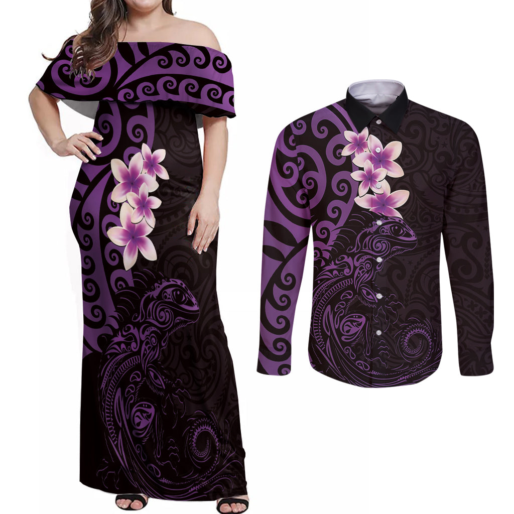 New Zealand Tuatara Plumeria Couples Matching Off Shoulder Maxi Dress and Long Sleeve Button Shirt Maori Purple Koru Tribal Tattoo LT01 Purple - Polynesian Pride