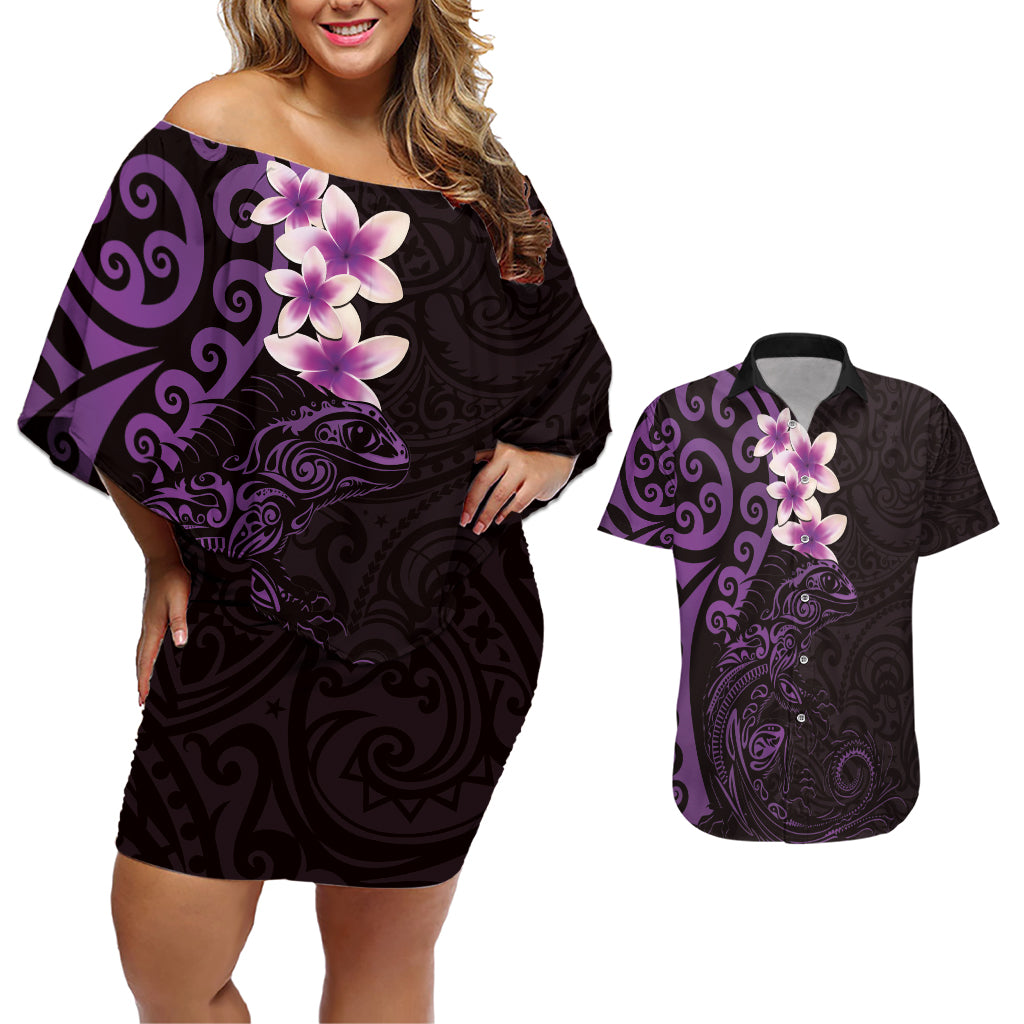 New Zealand Tuatara Plumeria Couples Matching Off Shoulder Short Dress and Hawaiian Shirt Maori Purple Koru Tribal Tattoo LT01 Purple - Polynesian Pride