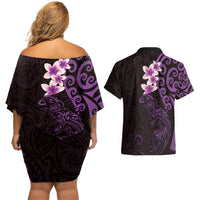 New Zealand Tuatara Plumeria Couples Matching Off Shoulder Short Dress and Hawaiian Shirt Maori Purple Koru Tribal Tattoo LT01 - Polynesian Pride