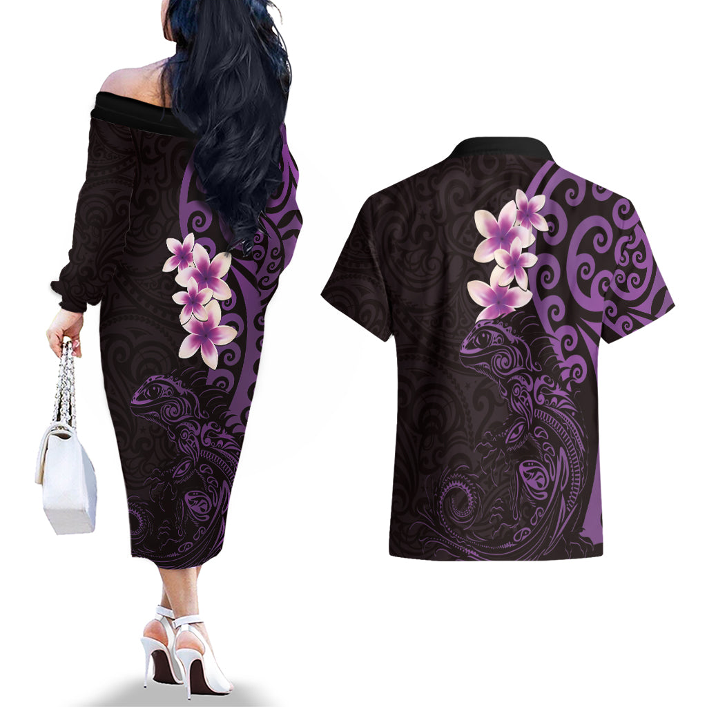 New Zealand Tuatara Plumeria Couples Matching Off The Shoulder Long Sleeve Dress and Hawaiian Shirt Maori Purple Koru Tribal Tattoo LT01 - Polynesian Pride
