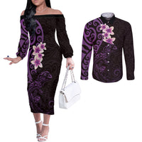 New Zealand Tuatara Plumeria Couples Matching Off The Shoulder Long Sleeve Dress and Long Sleeve Button Shirt Maori Purple Koru Tribal Tattoo LT01 Purple - Polynesian Pride