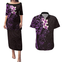 New Zealand Tuatara Plumeria Couples Matching Puletasi and Hawaiian Shirt Maori Purple Koru Tribal Tattoo LT01 Purple - Polynesian Pride
