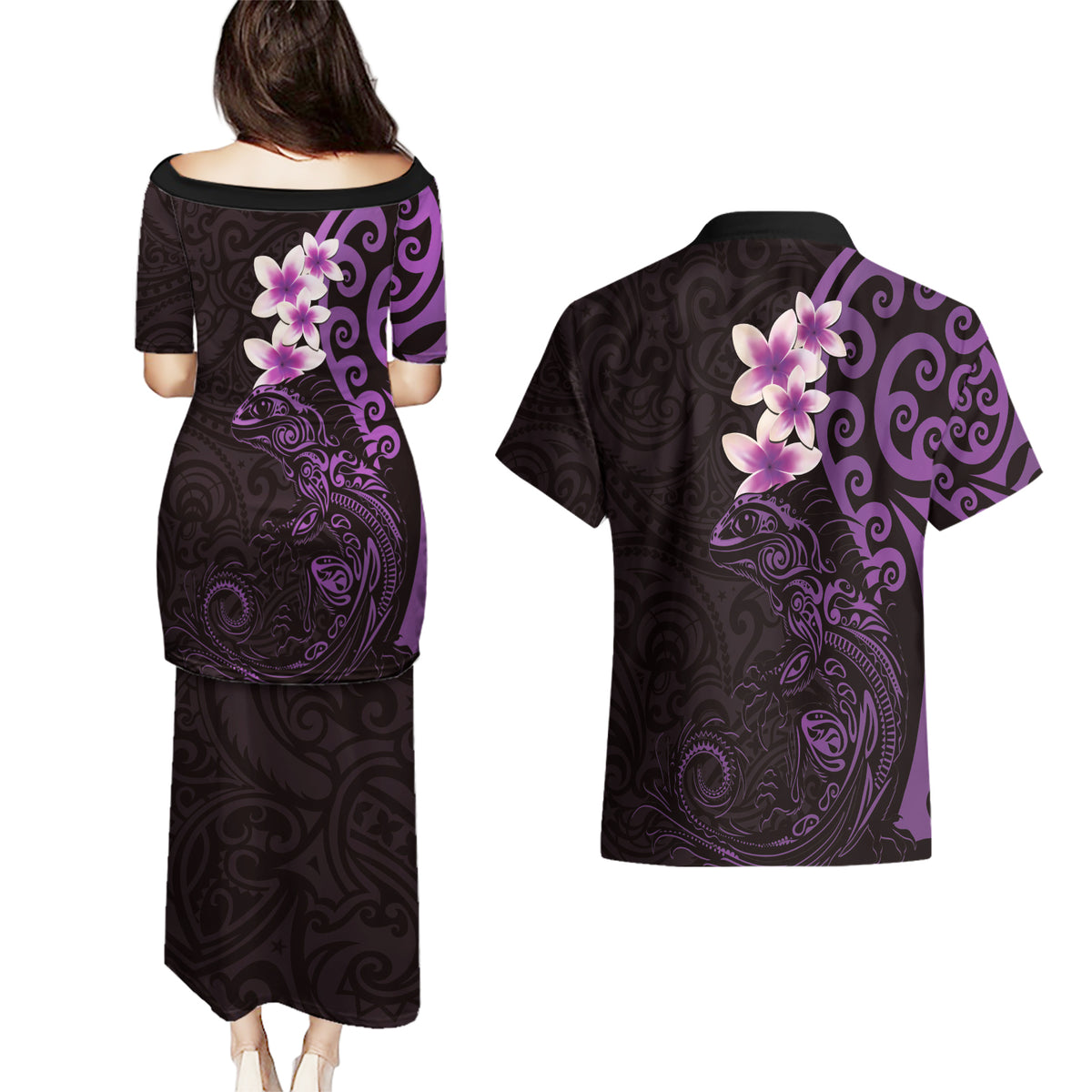 New Zealand Tuatara Plumeria Couples Matching Puletasi and Hawaiian Shirt Maori Purple Koru Tribal Tattoo LT01 - Polynesian Pride