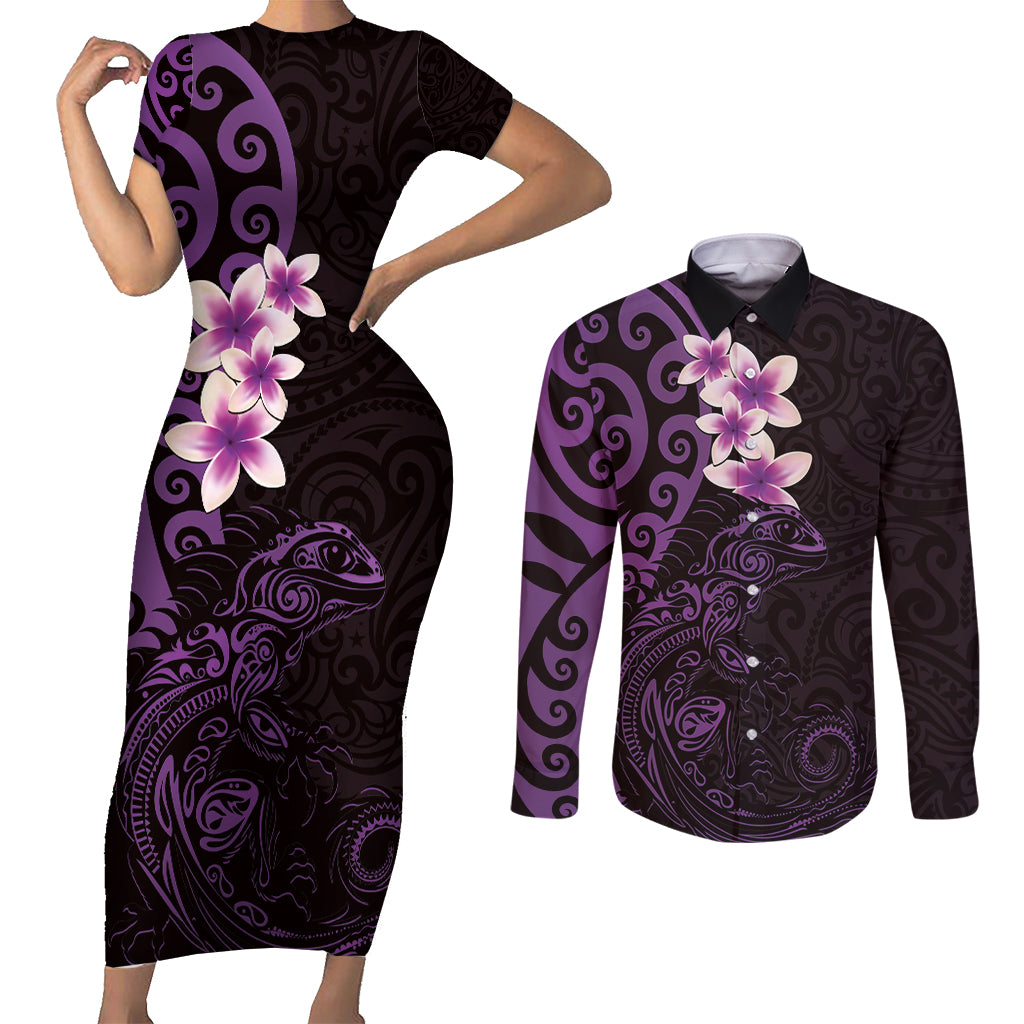 New Zealand Tuatara Plumeria Couples Matching Short Sleeve Bodycon Dress and Long Sleeve Button Shirt Maori Purple Koru Tribal Tattoo LT01 Purple - Polynesian Pride