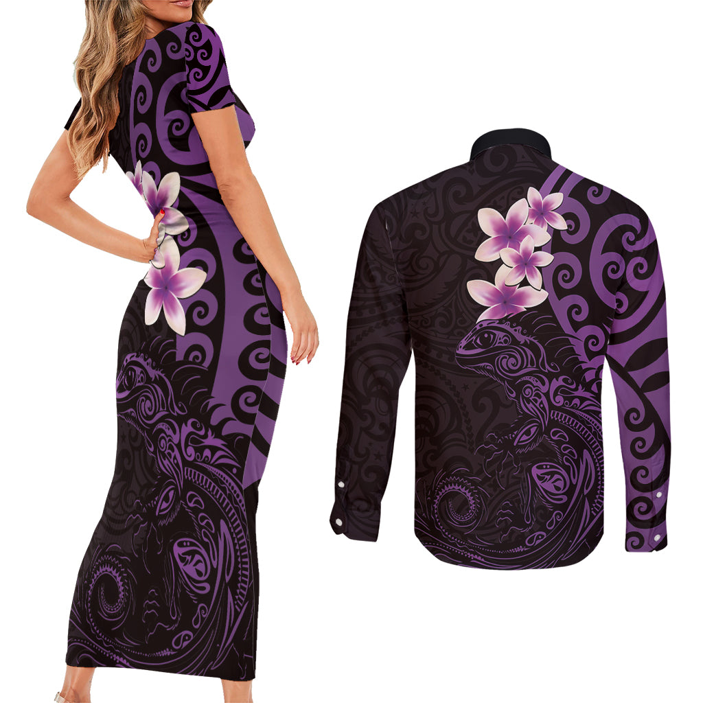 New Zealand Tuatara Plumeria Couples Matching Short Sleeve Bodycon Dress and Long Sleeve Button Shirt Maori Purple Koru Tribal Tattoo LT01 - Polynesian Pride