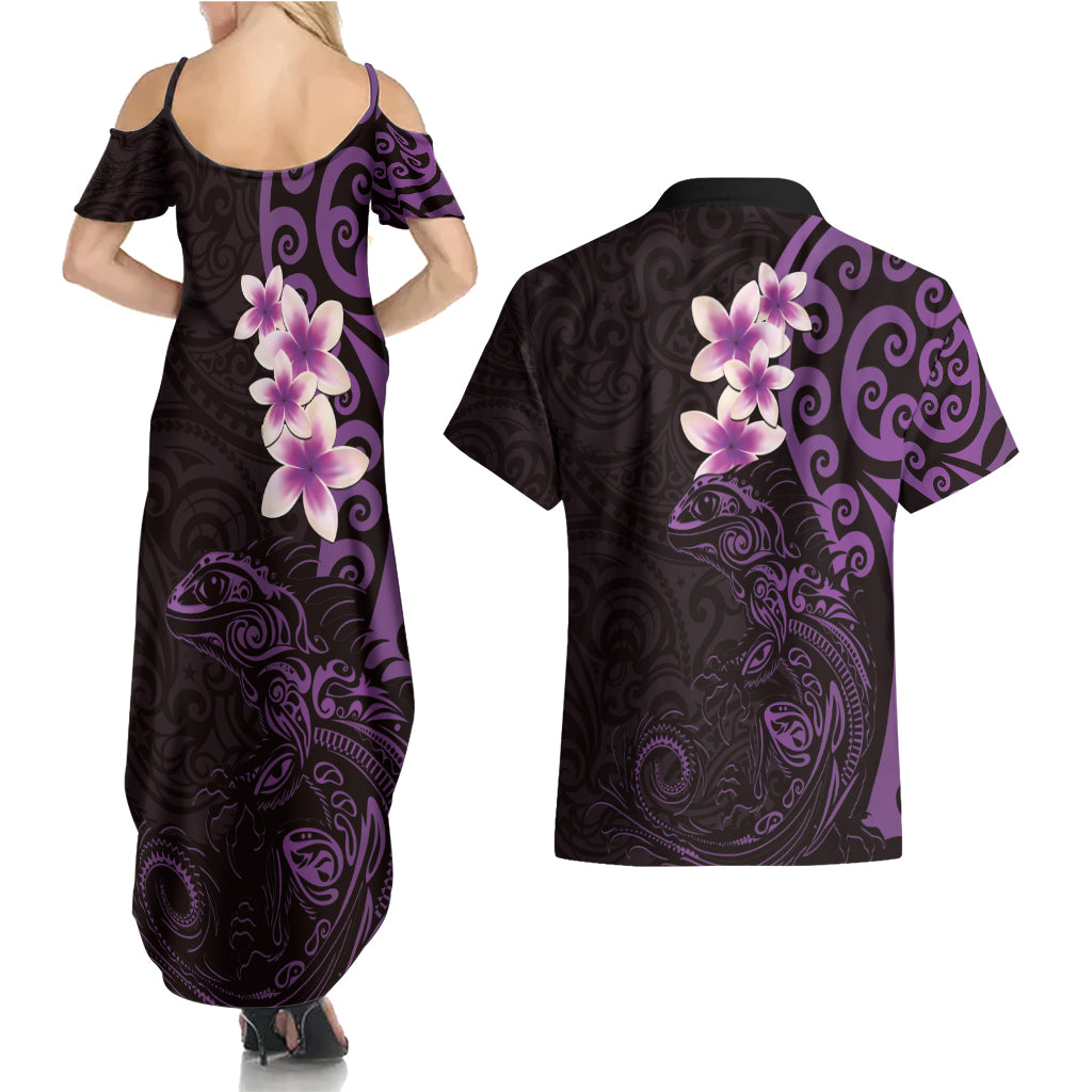 New Zealand Tuatara Plumeria Couples Matching Summer Maxi Dress and Hawaiian Shirt Maori Purple Koru Tribal Tattoo LT01 - Polynesian Pride